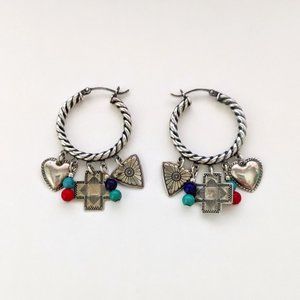 Vintage Native Q.T. Quoc 925 Sterling Silver Dangle Charm Hoop Pierced Earrings